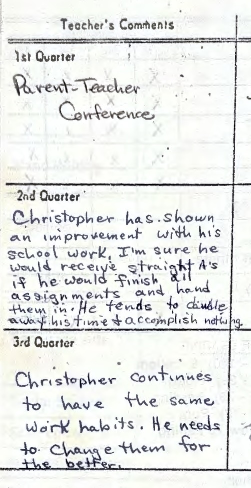 Teacher comments: Parent-Teacher conference. Christopher has shown an improvement with his school work. I'm sure he would receive straight As if he would finish all assignments and hand them in. He tends to dawdle away his time and accomplish nothing. Christopher continues to have the same work habits. He needs to change them for the better.